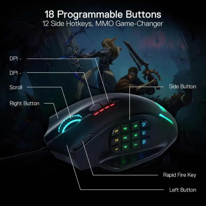 Redragon M908 RGB Backlight LED USB Wired Gaming Mouse 18 Programmable Mouse Buttons 12400 DPI 5