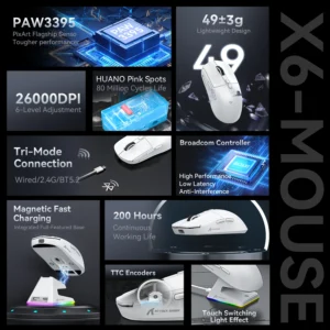 Attack Shark X6 PAW3395 Bluetooth Mouse,Tri-Mode Connection,RGB Touch Magnetic Charging Base,Macro Gaming Mouse 2