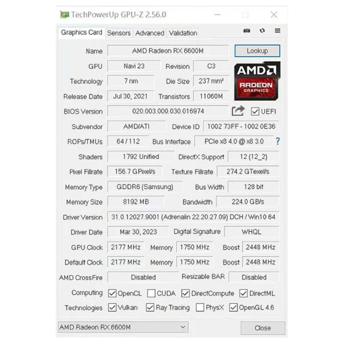 SOYO AMD RX 6600M 8GB Graphics Card GDDR6 128Bit PCI-E 4.0×8 8Pin Radeon GPU RX6600M Desktop Components PC Gaming Video Cards 6